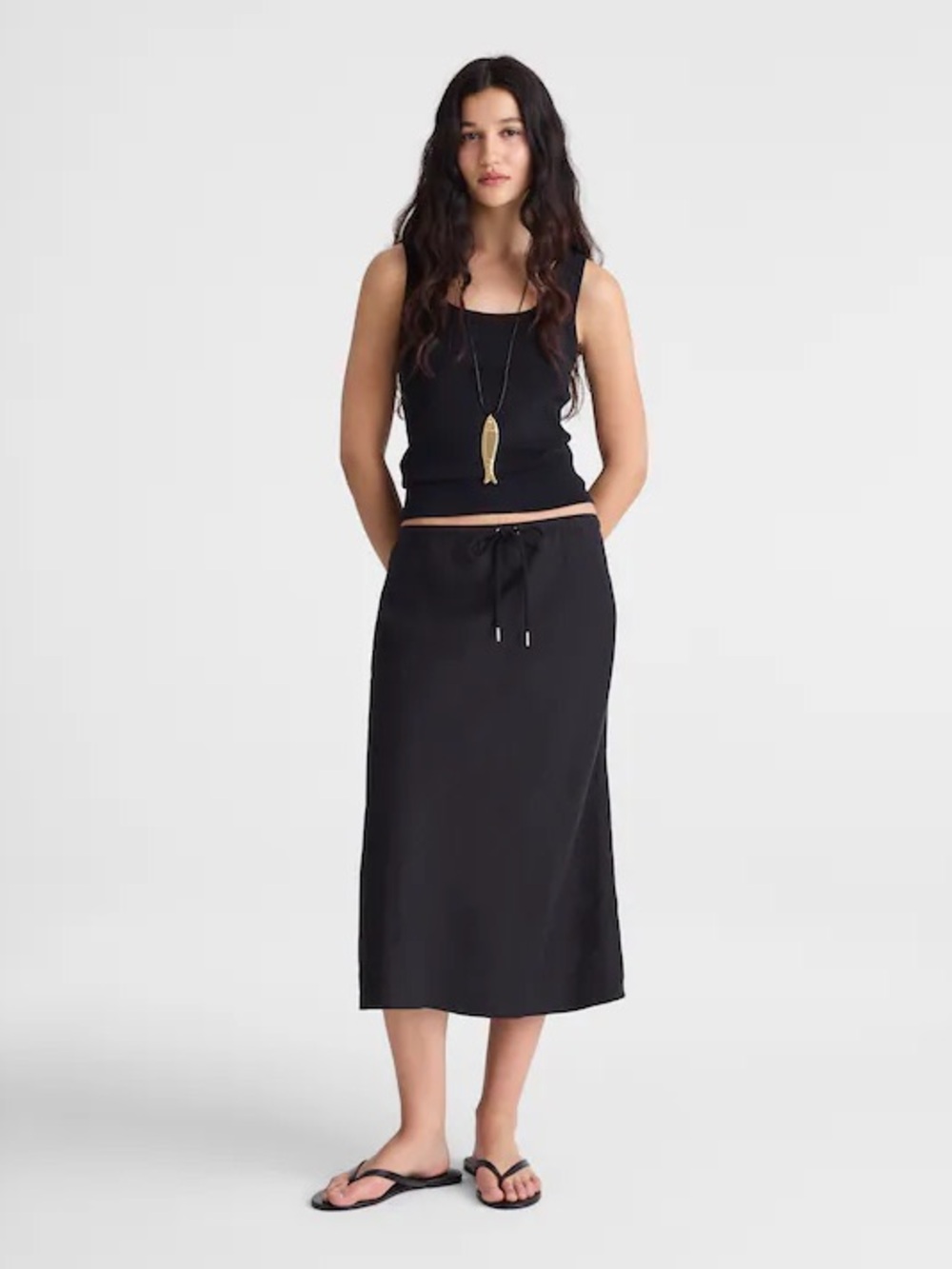 NWT Madewell Drawstring Slip Skirt in 100% Linen Jet Black Size Small S